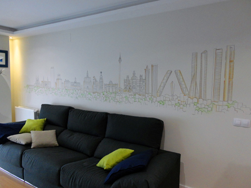 pared de salon en getafe decorada con skyline suave pintado