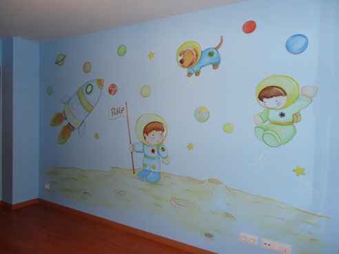 mural pintado astronautas niños planetas espacio