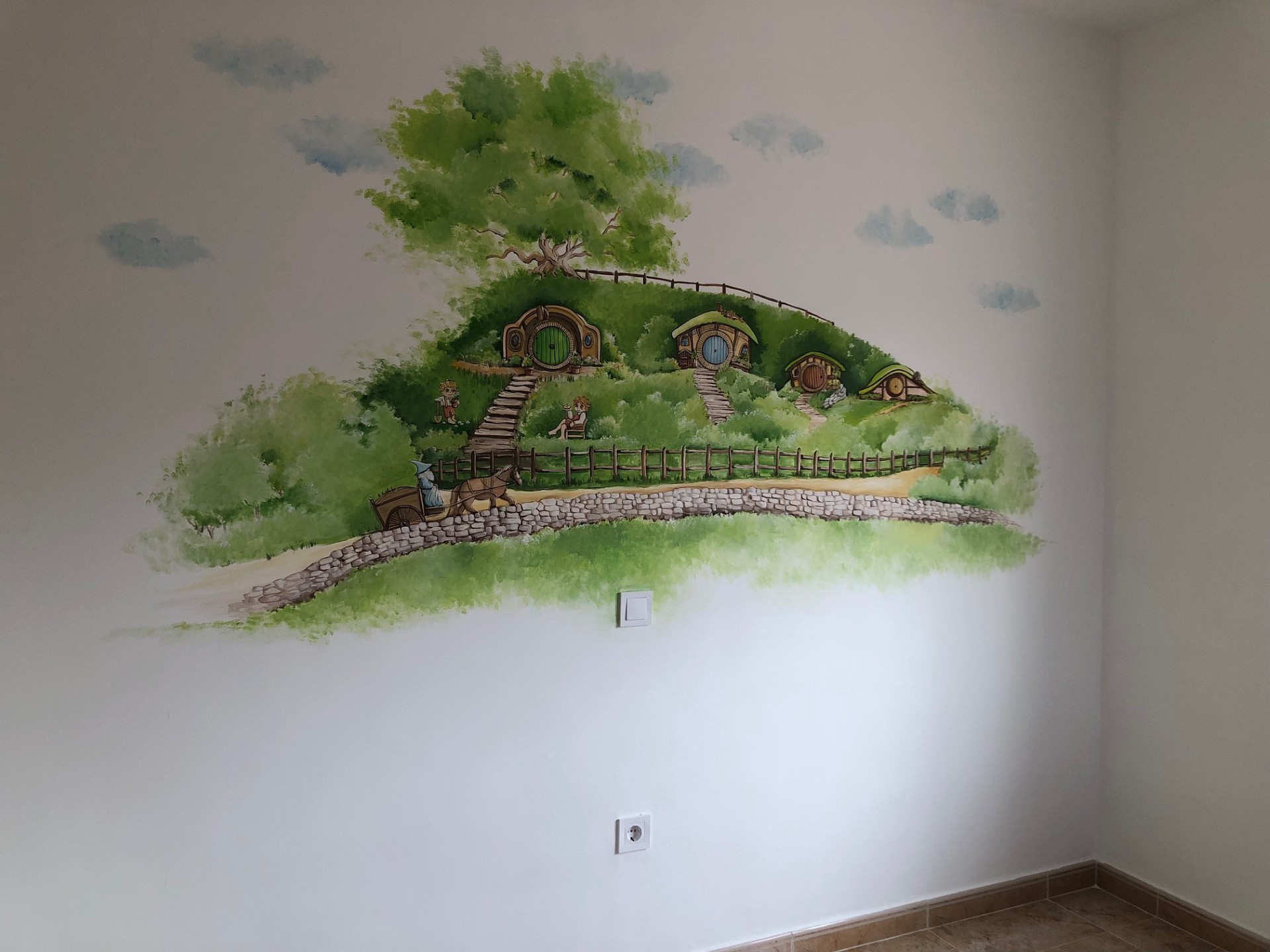 mural hobbits pared habitacion